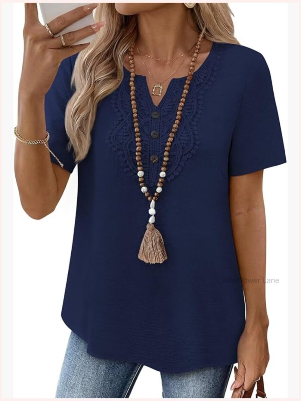 Boho Lace V-Neck Flowy Tunic Blouse Top